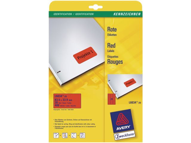 Avery Etiket A4 Laser rood, 63,5 x 33,9 mm, L6034-20, 24 etiketten per vel (20 vel) (doos 5 x 480 stuks)
