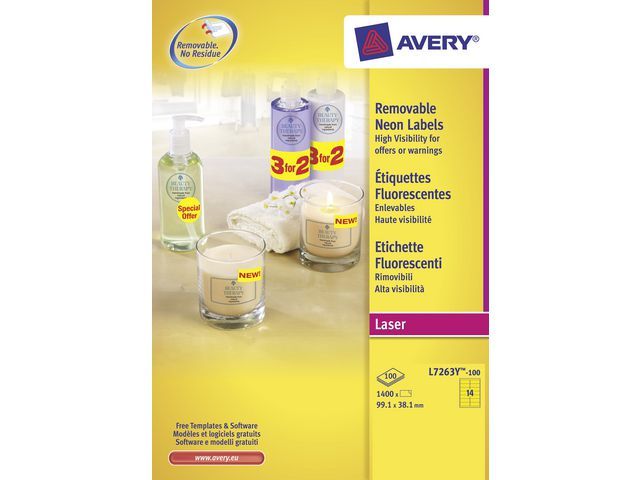 Avery Laser etiket 99 x 38 mm fluor geel (pak 1400 stuks)