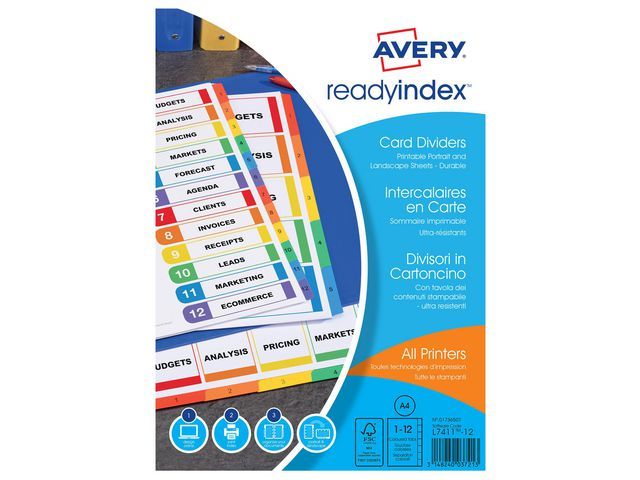 Avery Tabbladen bedrukbaar Ready Indexu2122 9 rings, A4, bedrukte tabs, 1-12, L7411-12 (set 12 vel)
