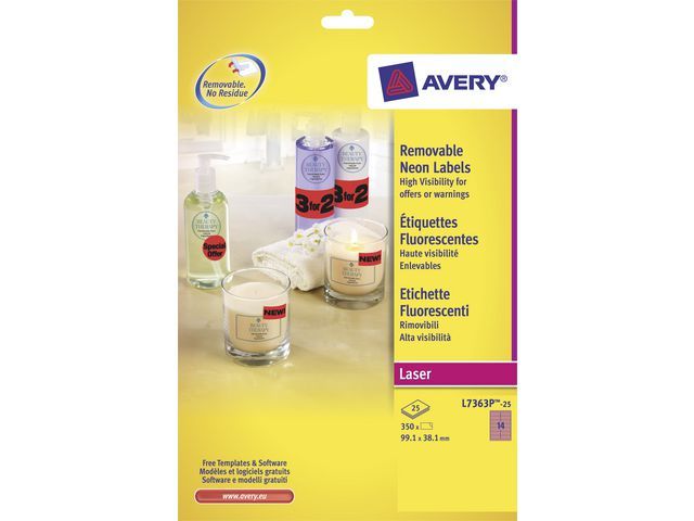 Avery ZWECKFORM neon gekleurde afneembare etiketten 99 x 38,1 mm, neon pink, L7363P (pak 350 stuks)