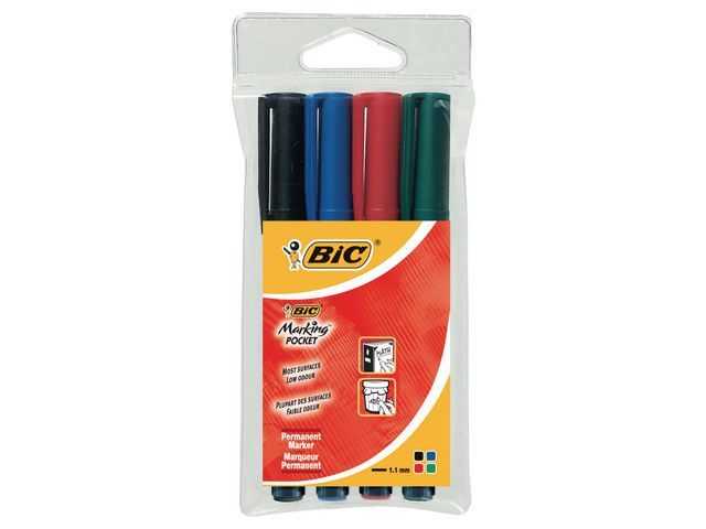 BIC MARKING Permanent marker Marking Pocket 1445 1,1 mm, assorti (blauw, groen, rood en zwart) (verpakking 4 stuks)