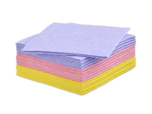 Brighton Professional Universele schoonmaakdoekjes van viscose en polypropyleen in roze, blauw en geel, 380 x 380 mm (pak 15 stuks)