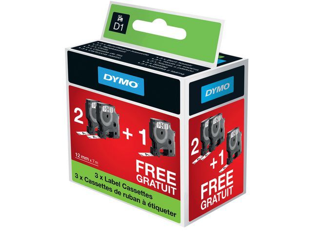 Dymo D1 etikettape 12 mm x 7 m, bundel 2+1 gratis (pak 3 stuks)