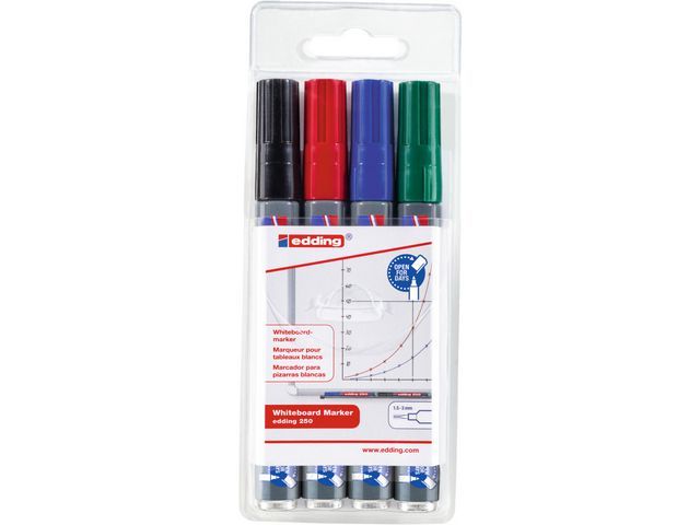 EDDING Whiteboard marker 250 1,5 - 3 mm, assorti (blauw, groen, rood en zwart) (etui 4 stuks)