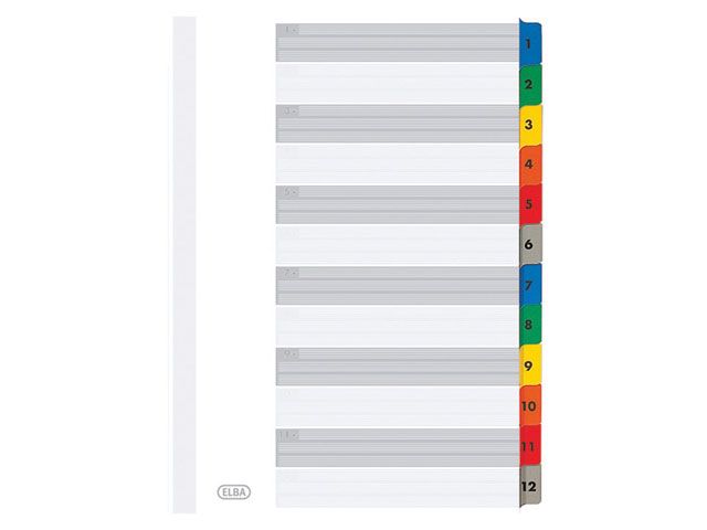 ELBA Tabbladen wit karton, met gekleurde tabs 11 rings, A4, bedrukte tabs, 1-12 (set 12 vel)