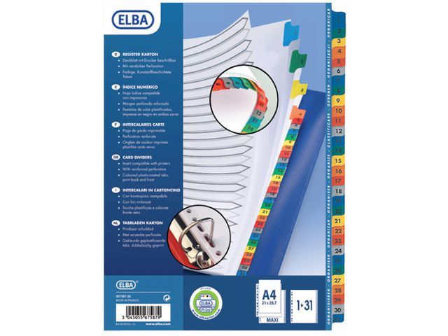 Elba Tabbladen wit karton, met gekleurde tabs 11 rings, A4, bedrukte tabs, 1-31