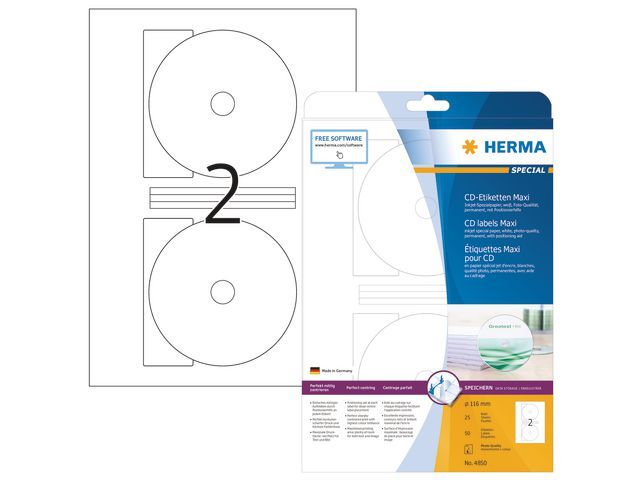 HERMA CD-etiketten u00d8 116 mm, maxi wit (Inkjet) (verpakking 50 stuks)