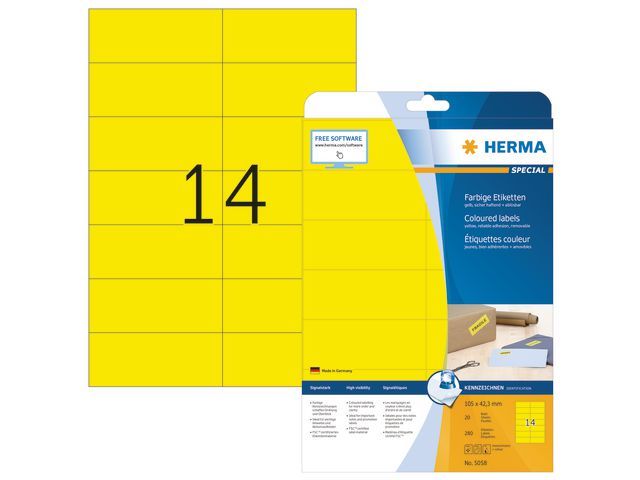 Herma Gekleurde etiketten 105x42,3 mm ,geel (pak 280 stuks)