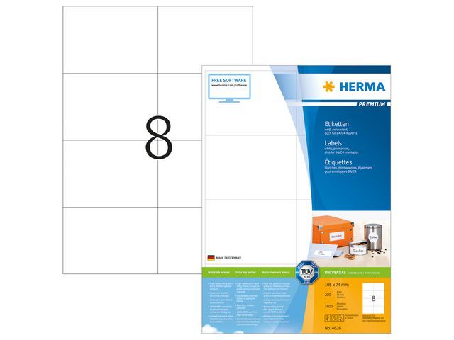 HERMA PREMIUM etiketten met r echte hoeken (grootverpakking) 105x74 mm, 4626 (verpakking 1600 stuks)