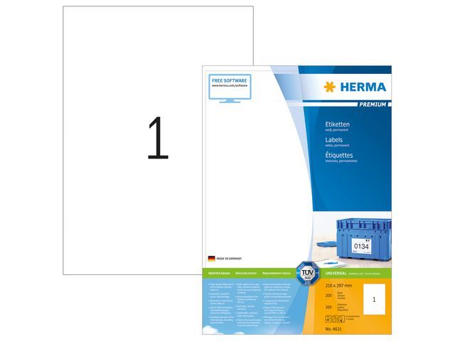 HERMA PREMIUM etiketten met re chte hoeken (grootverpakking) 210x297 mm, 4631 (verpakking 200 stuks)