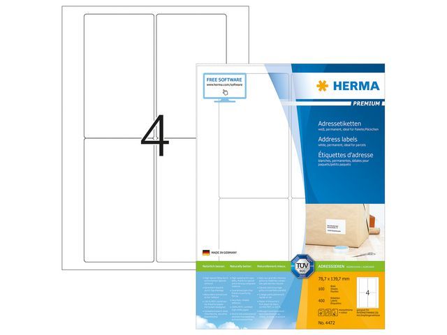 Herma PREMIUM etiketten met ronde hoeken 78,7x139,7 mm, 4472 (pak 400 stuks)