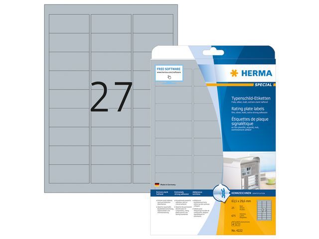Herma Typeplaatje-etiketten 63,5x29,7 mm, zilver matt (pak 675 stuks)