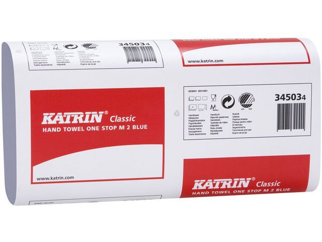 KATRIN Classic One Stop M2 gevouwen papieren handdoeken, Z-vouw, 2-laags, 206 mm, 144 vel, blauw (doos 21 x 144 stuks)