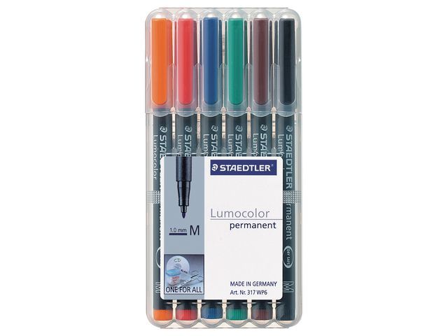LUMOCOLOR OHP/CD/DVD marker permanent Lc317, medium, assorti (oranje, rood, blauw, groen, bruin en zwart) (verpakking 6 stuks)