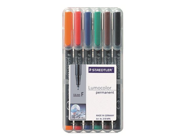 LUMOCOLOR OHP/CD/DVD marker permanent Lc318, fijn, assorti (oranje, rood, blauw, groen, bruin en zwart) (set 6 stuks)