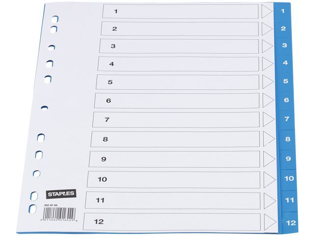 OUR CHOICE Blauwe kunststof tabbladen 11 rings, bedrukte tabs, 1-12 (set 12 vel)