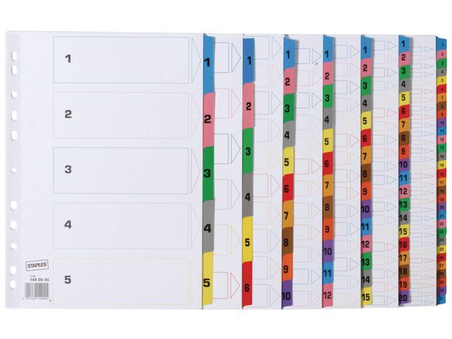 OUR CHOICE Gekleurde kunststof tabbladen 23 rings, bedrukte tabs, 1-5 (set 5 vel)