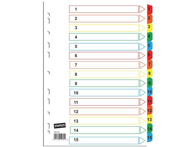Our Choice Tabbladen wit karton, met gekleurde tabs 11 rings, A4, bedrukte tabs, 1-15 (set 15 vel)