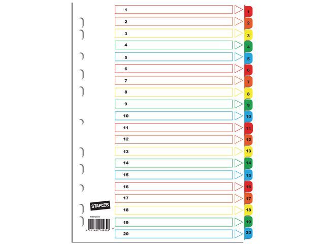 Our Choice Tabbladen wit karton, met gekleurde tabs 11 rings, A4, bedrukte tabs, 1-20 (set 20 vel)