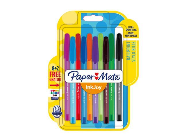 Paper Mate InkJoyu2122 100 stickbalpen, diverse inktkleuren, medium punt van 1 mm, doorzichtige huls in diverse kleuren (pak 10 stuks)