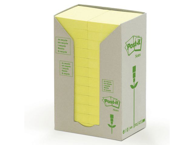 POST-ITu00ae Notitieblok gerecycled - Torenverpakki ng Pastelgeel, 38 x 51 mm (verpakking 24 blokken)