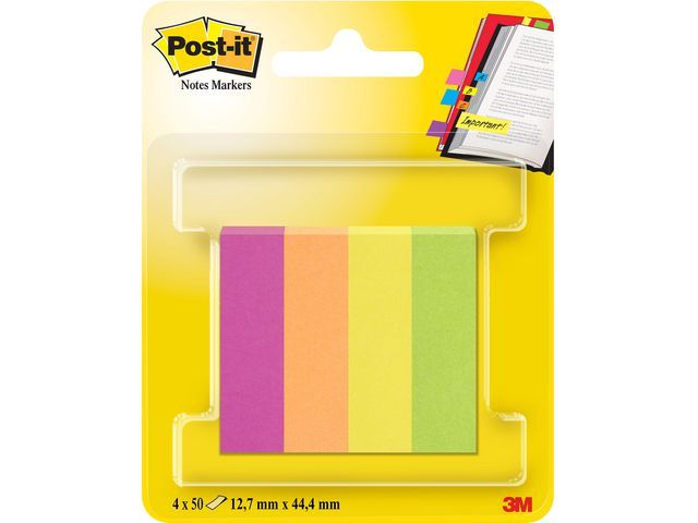 Post-itu00ae Paginamarkers, 12,7 x 44,4 mm, diverse neon- en ultrakleuren, verpakking van 200 (pak 4 blokken)