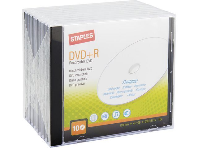 Staples Bedrukbare blanco dvd+R 4,7 GB / 120 min 16 X snelheid, verpakking van 10 schijven met jewelcases