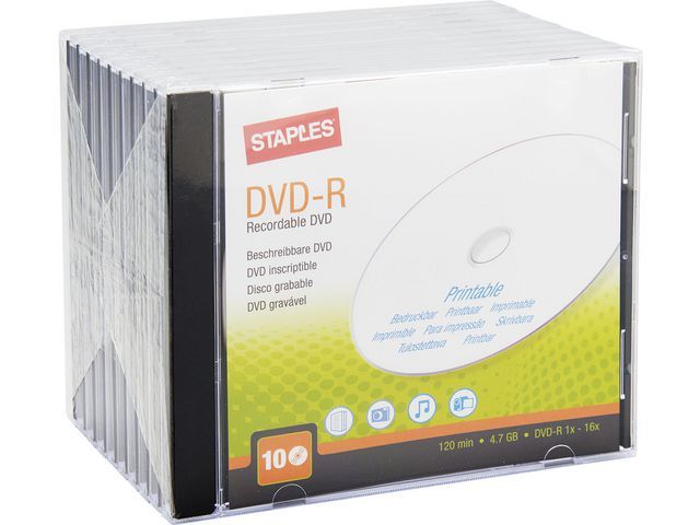 Staples Bedrukbare blanco dvd-r 4,7 GB / 120 min 16 X snelheid, verpakking van 10 schijven met jewelcases (pak 10 stuks)