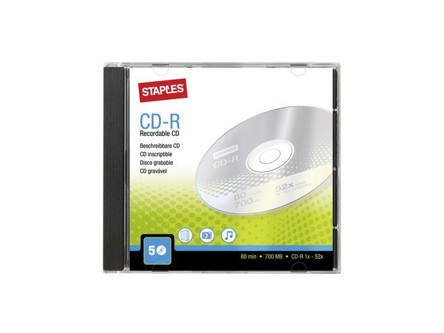 Staples Blanco cd-r 700 MB / 80 min 52 X snelheid, verpakking van 5 schijven met jewelcases (pak 5 stuks)