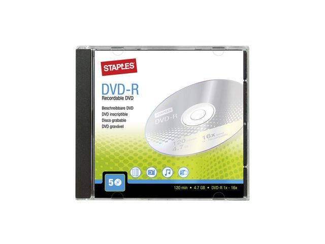Staples Blanco dvd-r 4,7 GB / 120 min 16 X snelheid verpakking van 5 schijven met jewelcases (pak 5 stuks)