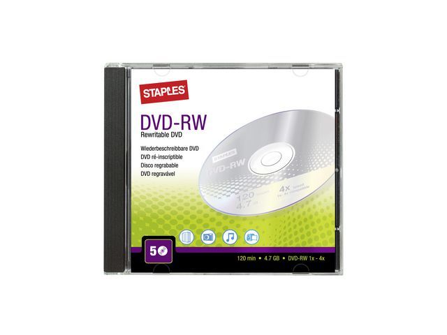 Staples Blanco dvd-rw herschrijfbaar 4,7 GB / 120 min 4 X snelheid verpakking van 5 schijven met jewelcases (pak 5 stuks)