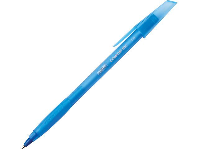Staples Comfort Sticu2122 Grip balpen, middelgrote punt 1 mm, doorzichtige huls, blauwe inkt (pak 12 stuks)