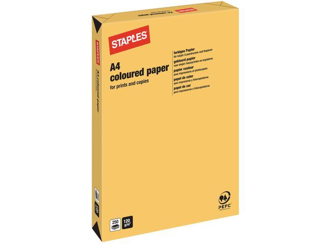 Staples Gekleurd Papier voor Laser, Inkjet en Kopieer A4 120 g/mu00b2 Goudgeel 250 vel (pak 250 vel)
