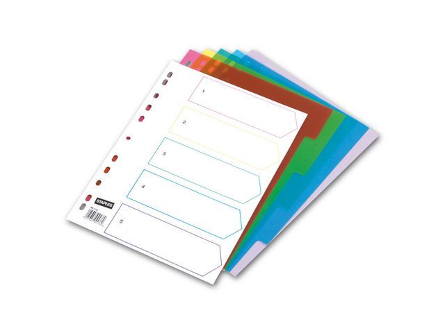 Staples Transparant gekleurde kunststof tabbladen 5 kleuren (set 5 vel)